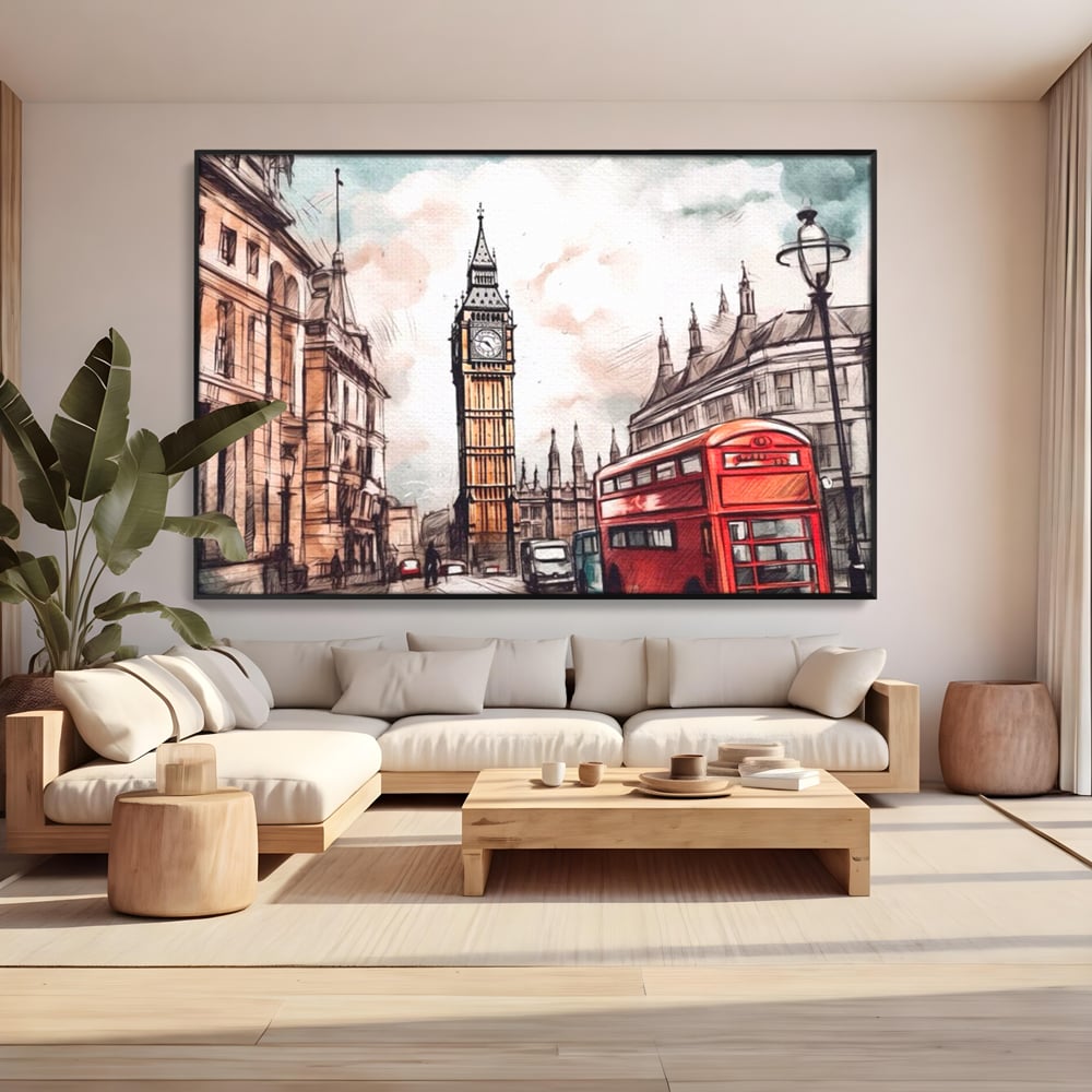 Tablou canvas cu ilustratie urbana cu big ben si autobuz rosu, in rama de aluminiu negru, pe perete intr-un living